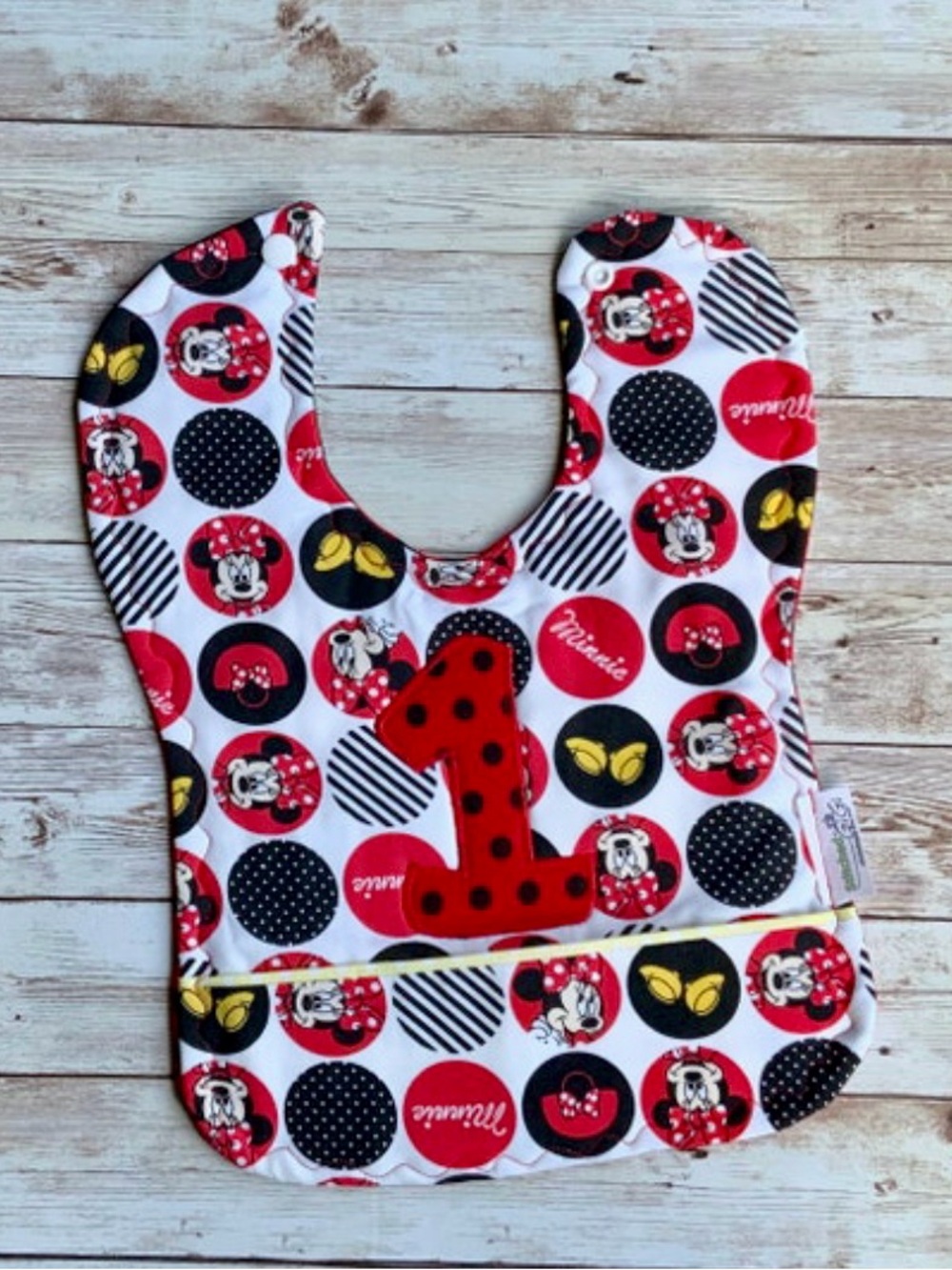 Red Minnie Mouse First Birthday Bib with Pocket